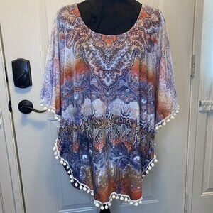 World Unity Poncho Shirt Top Size XL Blue Orange Paisley Stretch BOHO EUC